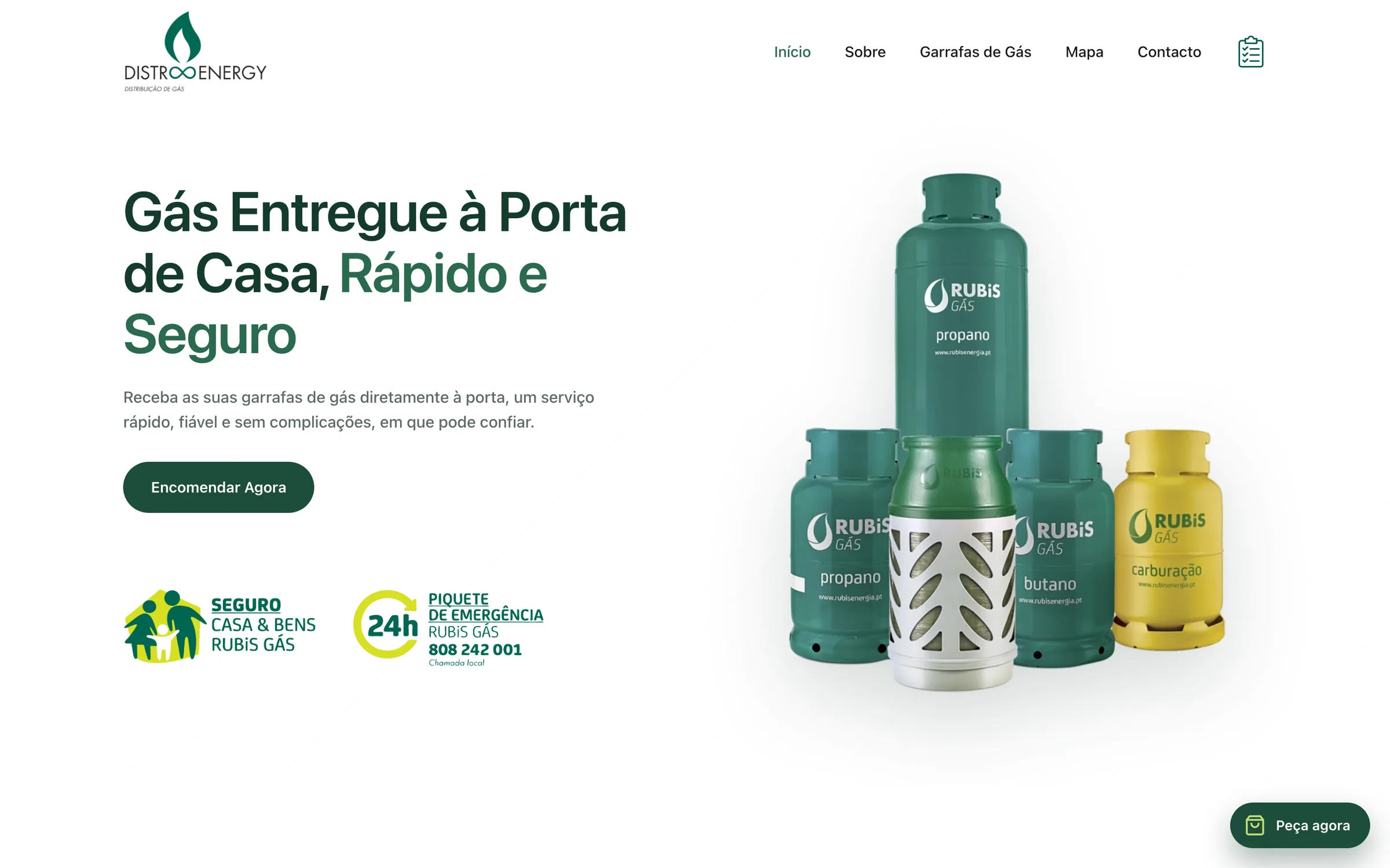 O site da Distrooenergy, com as garrafas de gás na página de entrada